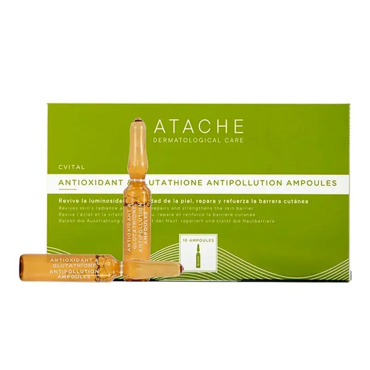 ATACHE CVITAL Antioxidant & Glutathione Antipollution Ampoules - Антиоксидантні ампули з глутатіоном, ніацинамідом та вітаміном С, 10 шт х 2 мл ATACHE CVITAL Antioxidant & Glutathione Antipollution Ampoules - Антиоксидантні ампули з глутатіоном, ніацинамідом та вітаміном С, 10 шт х 2 мл